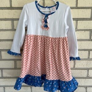 Girls' White and Pink Checkered Dress with Blue Accents